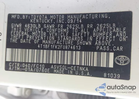 2015 Toyota Camry Le from USA, damaged, VIN 4T1BF1FK2FU874613